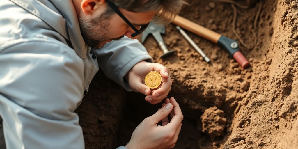 Archéologue avec une pièce d'or dans la terre.