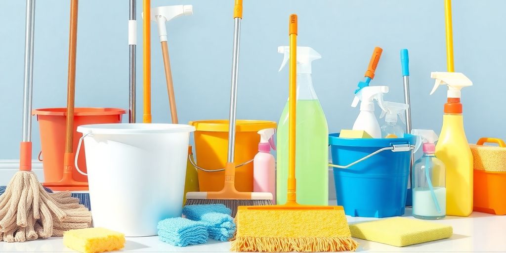 Cleaning tools and supplies ready for work.