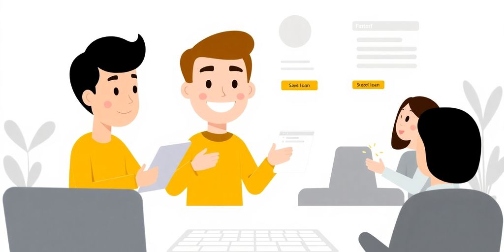 Cartoon characters reviewing a digital loan application.