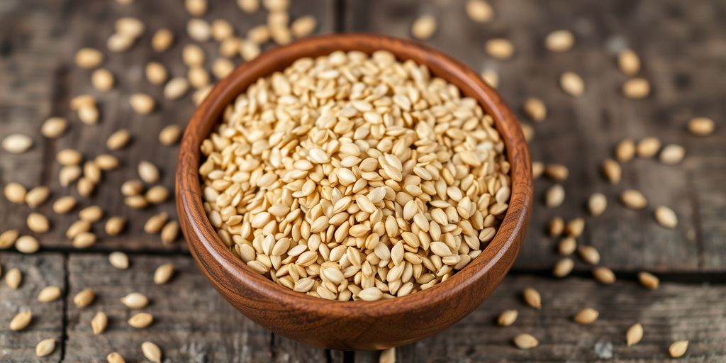 Bowl of sesame seeds on wooden table