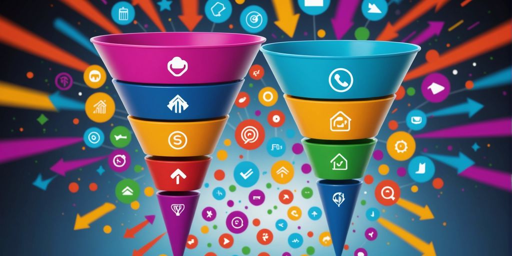 Colorful sales funnel with arrows and customer engagement icons, illustrating stages of building strong customer relationships.