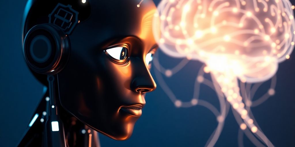Robot and brain with glowing connections.