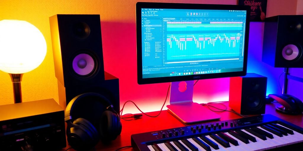 A music production setup with FL Studio on screen.