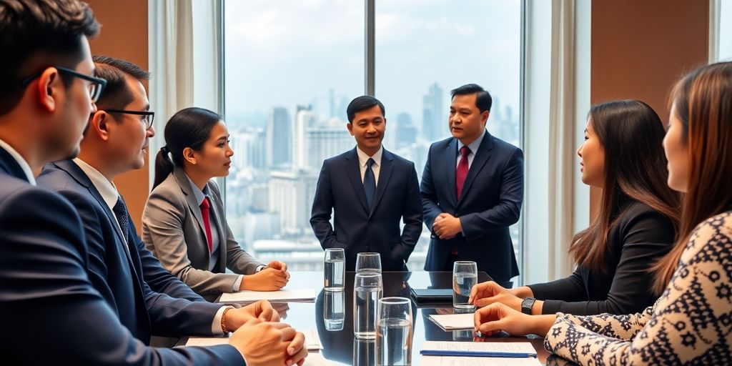 Business professionals communicating in a Bangkok conference room.