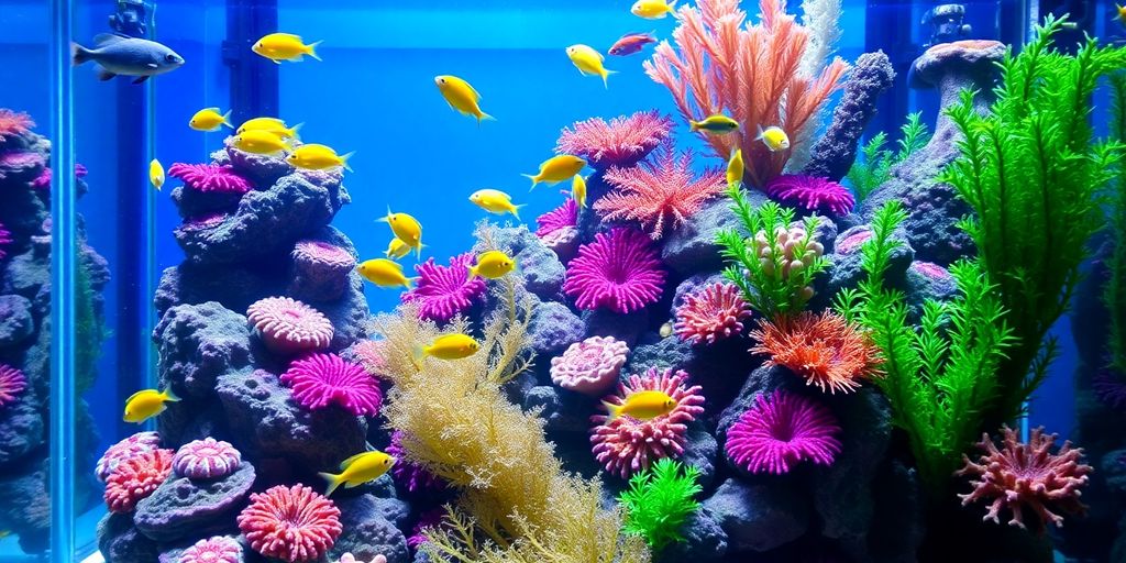 Colorful saltwater fish tank with vibrant corals and fish.