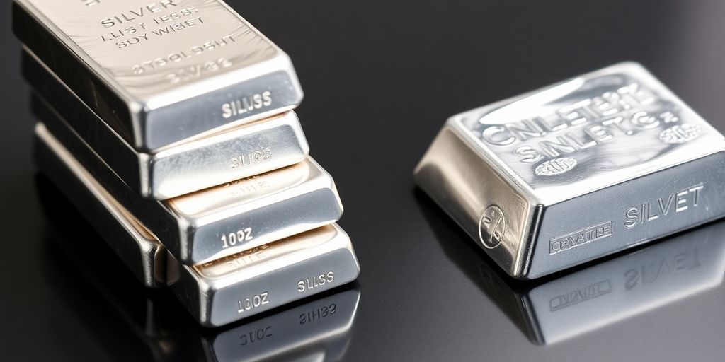 Lingotins et gros lingots d'argent empilés