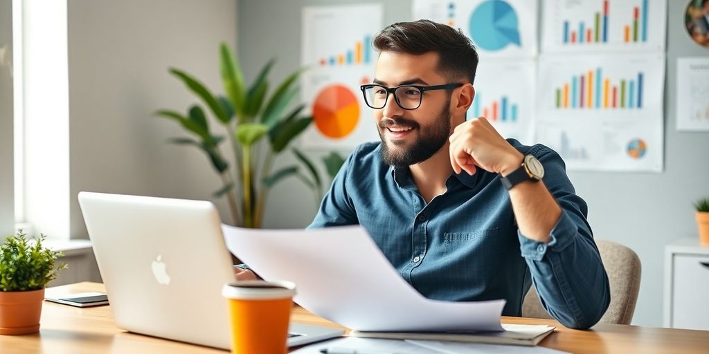 Entrepreneur at a desk with financial documents and laptop.