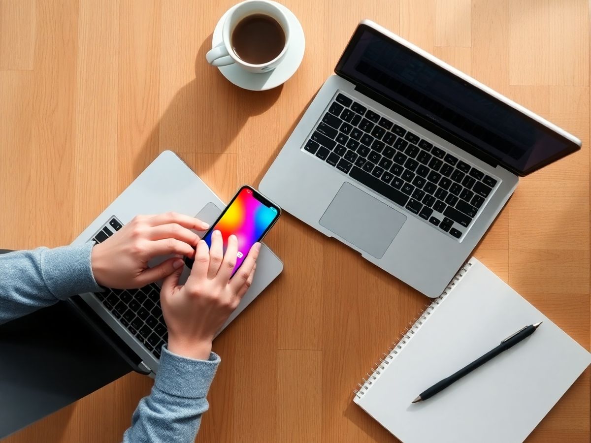 Persoană tastând pe laptop lângă smartphone, cafea și caiet mic