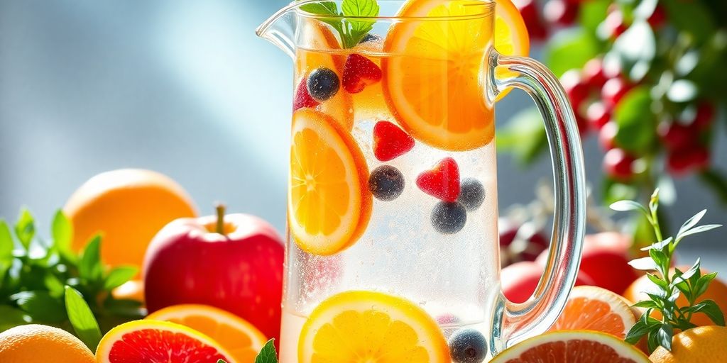 Colorful fruit-infused water pitcher with fresh fruits and herbs.