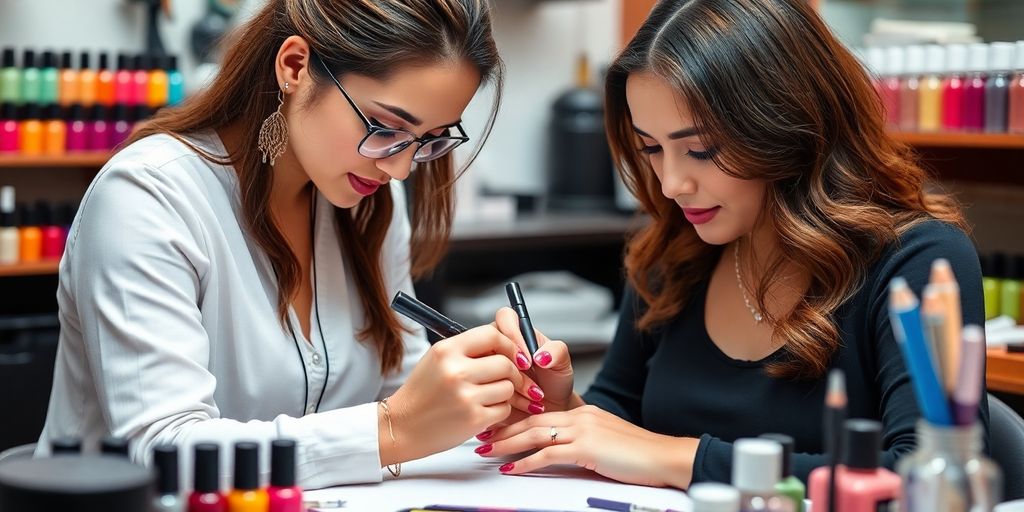 Designer aplicando arte nas unhas de uma cliente.