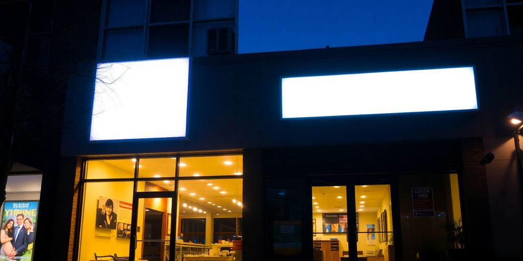 Vibrant outdoor LED display illuminating a storefront at dusk.
