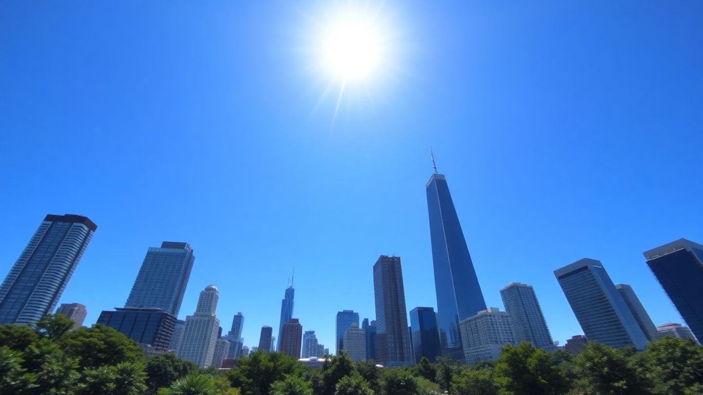 Skyscrapers in a sunny, modern cityscape.