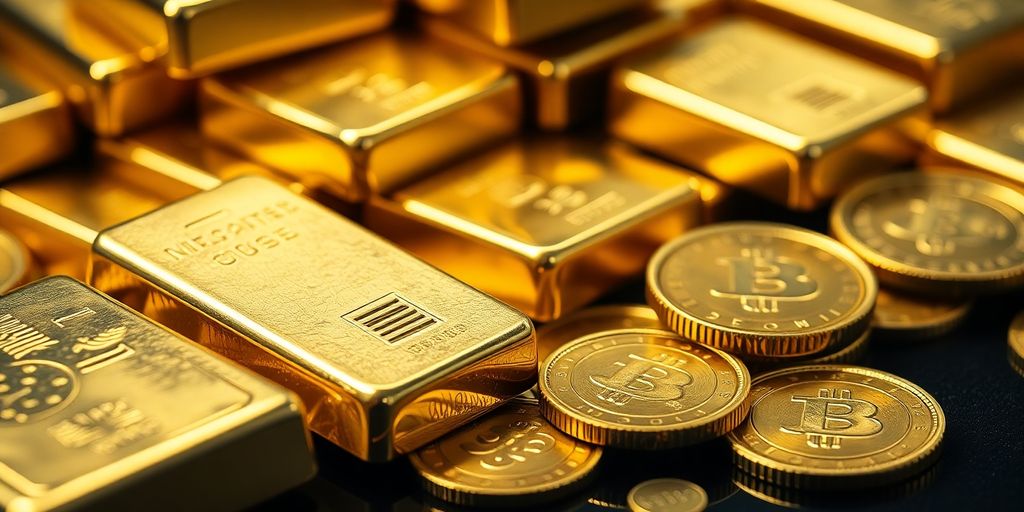 Lingots d'or empilés et pièces d'or brillantes.