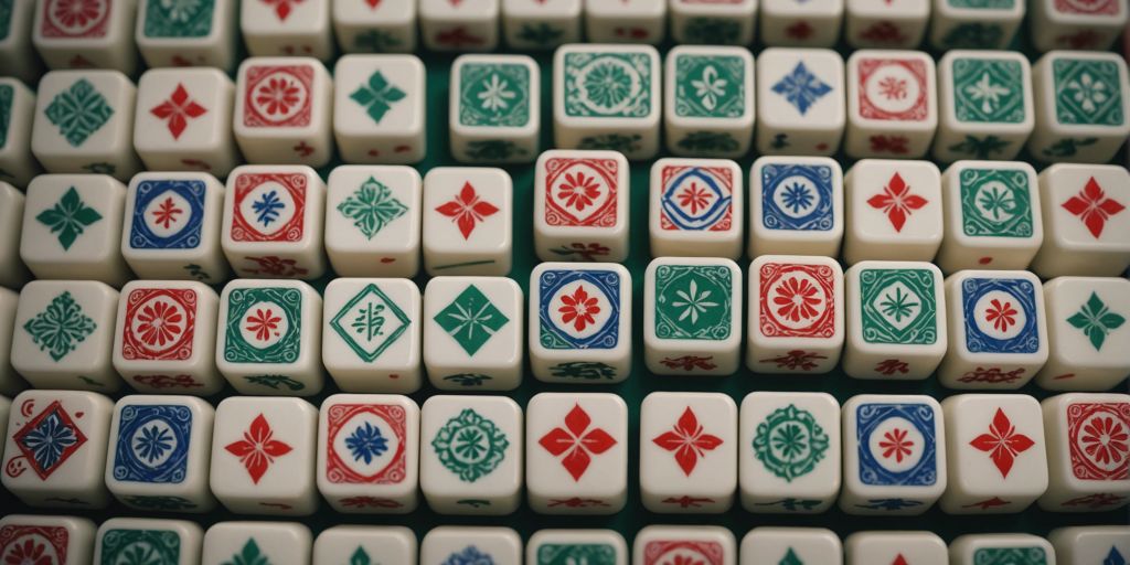 Illustration of Mahjong tiles with unique designs and symbols, arranged neatly to showcase their variety.