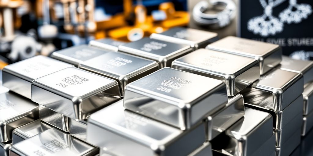 Barres d'argent empilées avec un éclairage brillant.