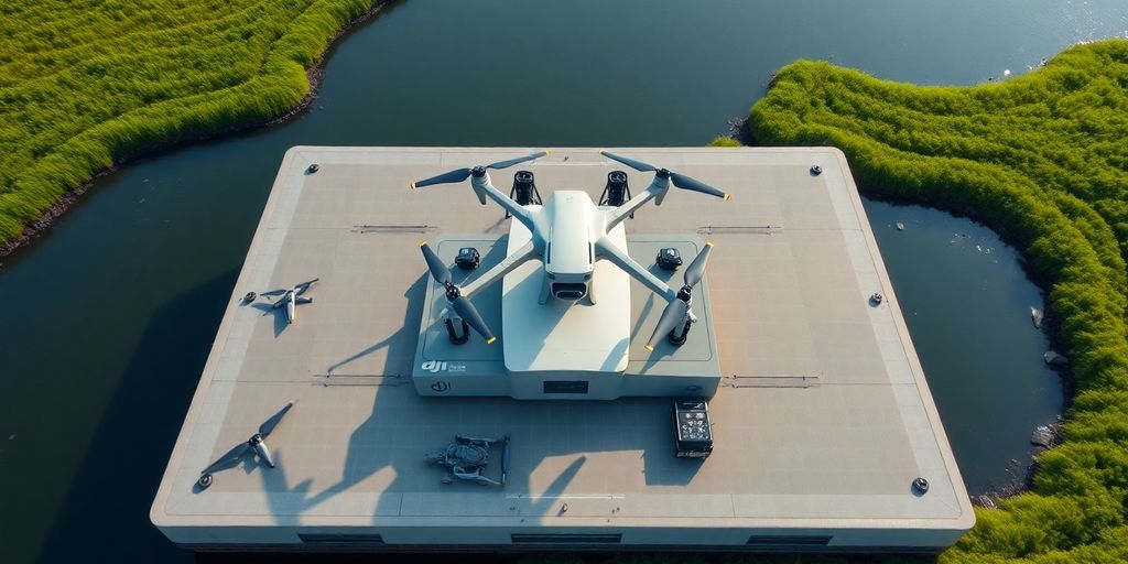 Vue aérienne d'un drone DJI en vol.