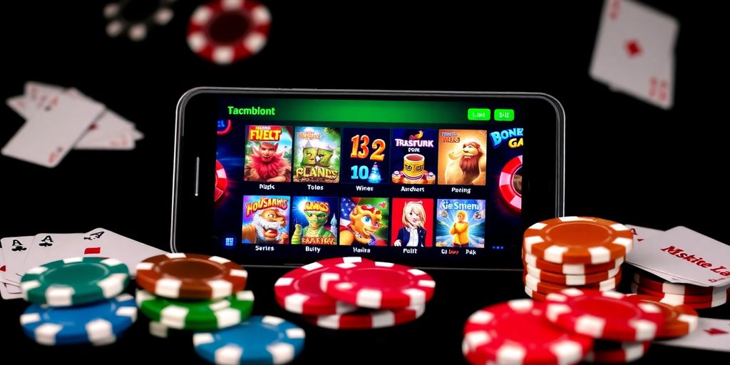 Smartphone with mobile gambling games and poker chips.