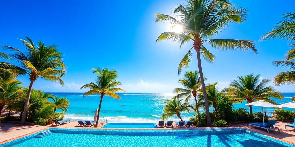 Resort pool, ocean view, palm trees, blue sky