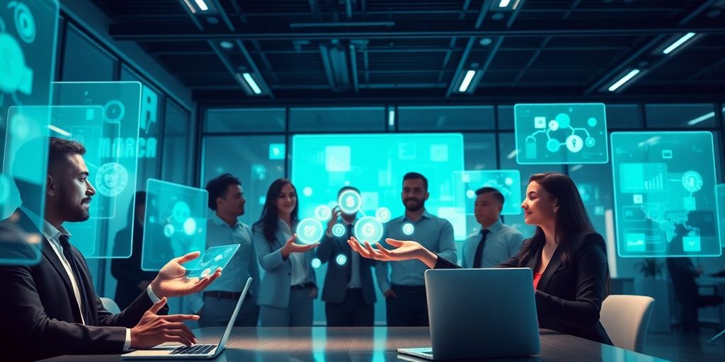 Professionals passing glowing digital coins around a modern futuristic office.