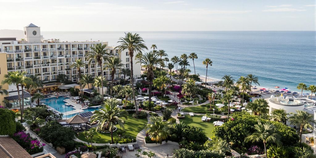 Eco-friendly hotel with gardens and ocean view.