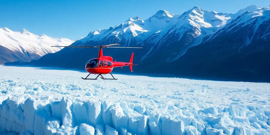 A red helicopter flies over a vast Alaskan glacier.