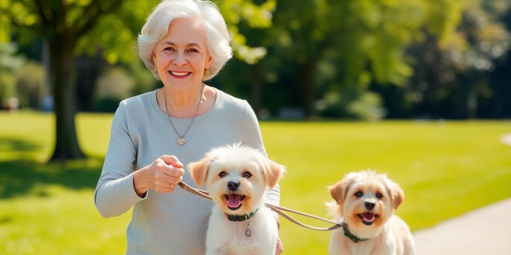 Elderly woman smiling, walking two small dogs outdoors.