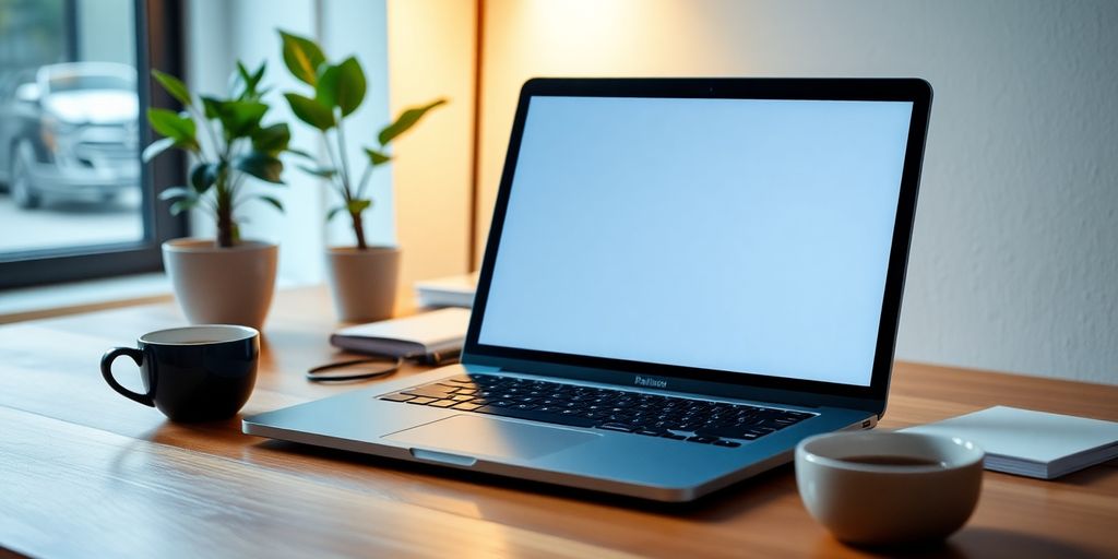 Ambiente de trabalho com laptop e elementos relaxantes.