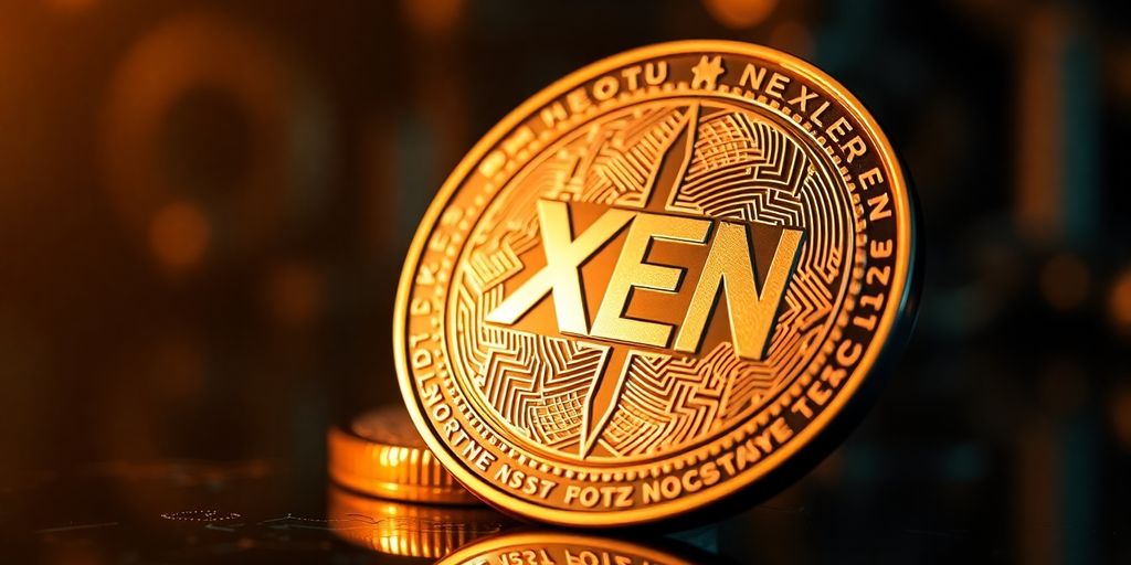 Close-up of a digital coin with a tech background.