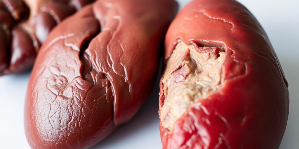 Healthy vs damaged liver comparison in a photograph.