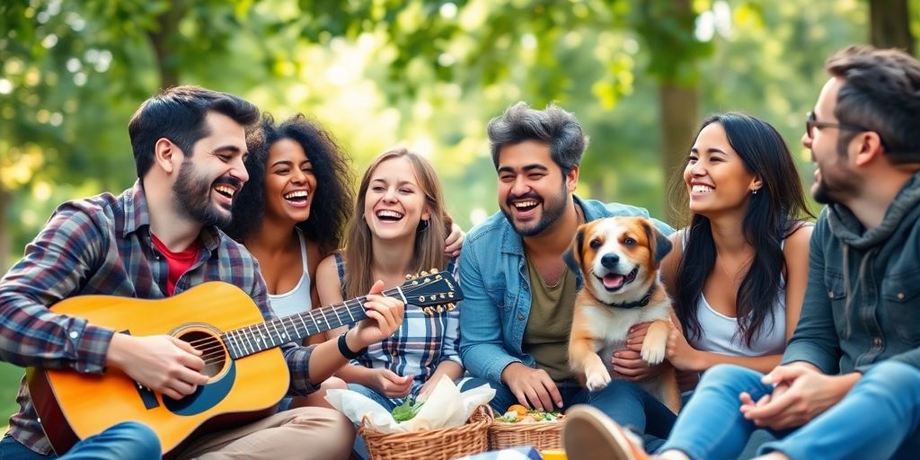 Friends laughing, enjoying nature, stress-free.