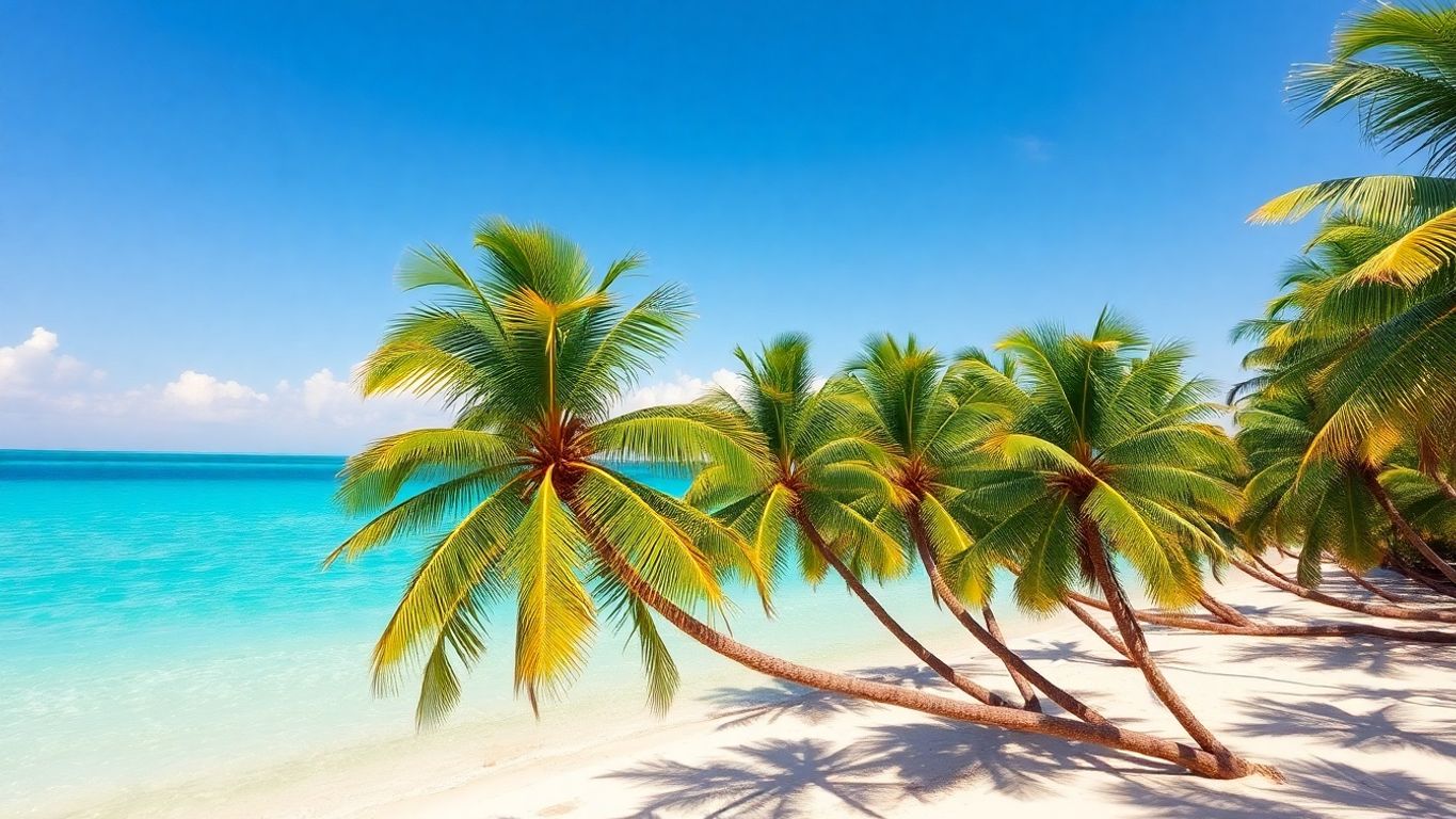 Tropical island with palm trees and ocean, sunny day.
