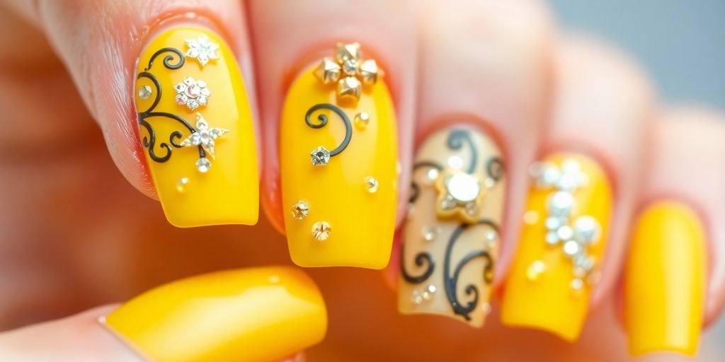 Unhas amarelas decoradas com designs brilhantes e elegantes.