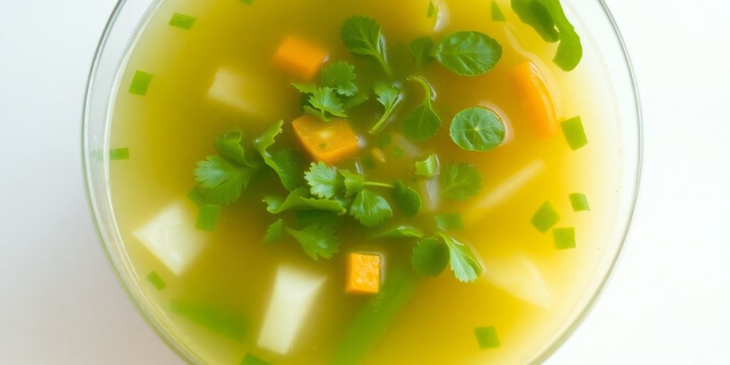 Bowl of clear broth with floating herbs and vegetables.