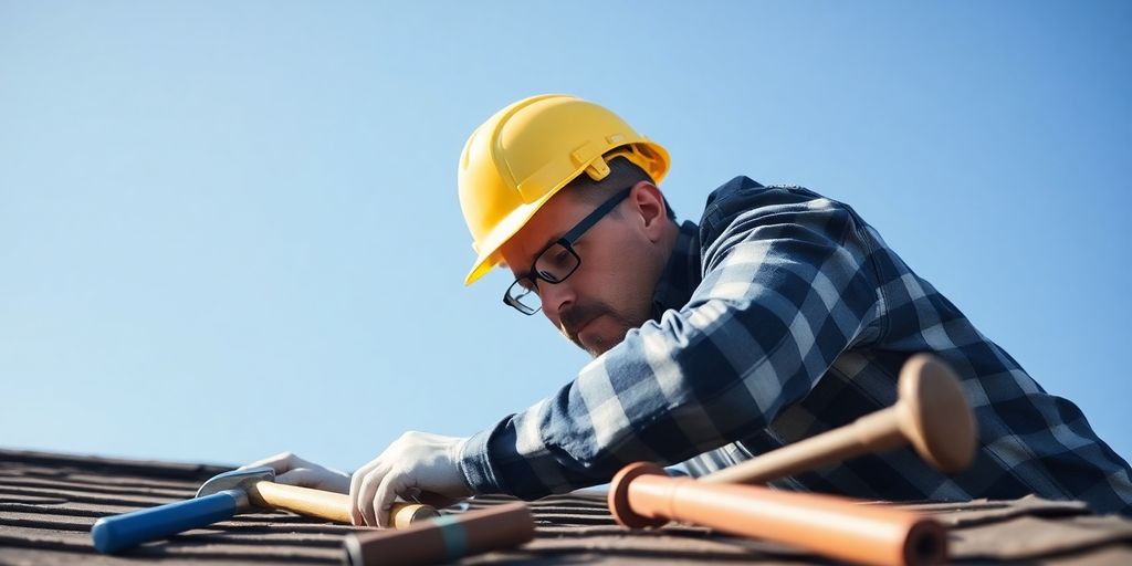 Homeowner repairing a roof with safety gear and tools.