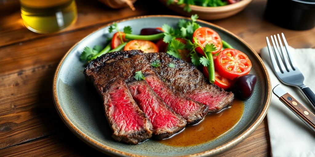Delicious grass-fed beef steak with fresh vegetables on table.