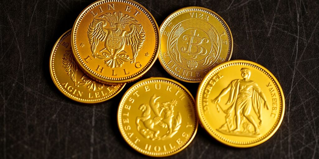 Pièces d'or Souverains et Vreneli sur une surface texturée.