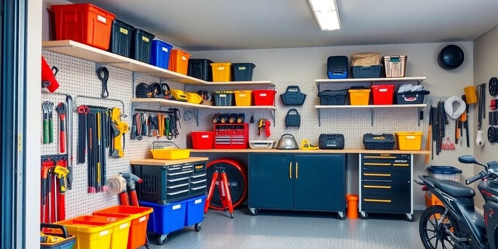 Organized garage with tool storage and colorful bins.