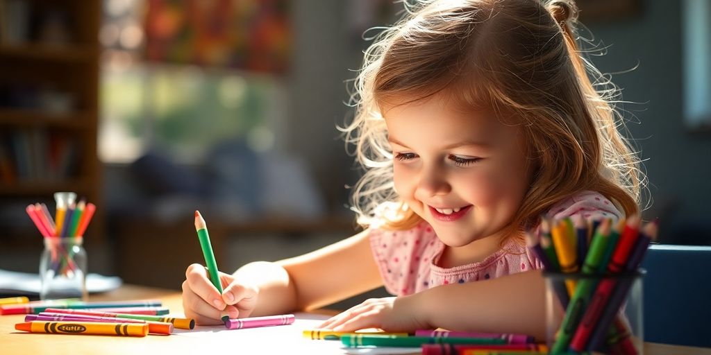 Child drawing with colorful crayons and smiling.