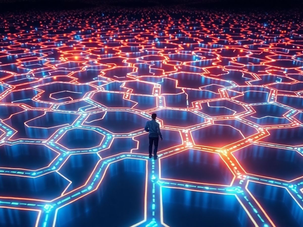 Persoană navigând printr-un labirint digital.