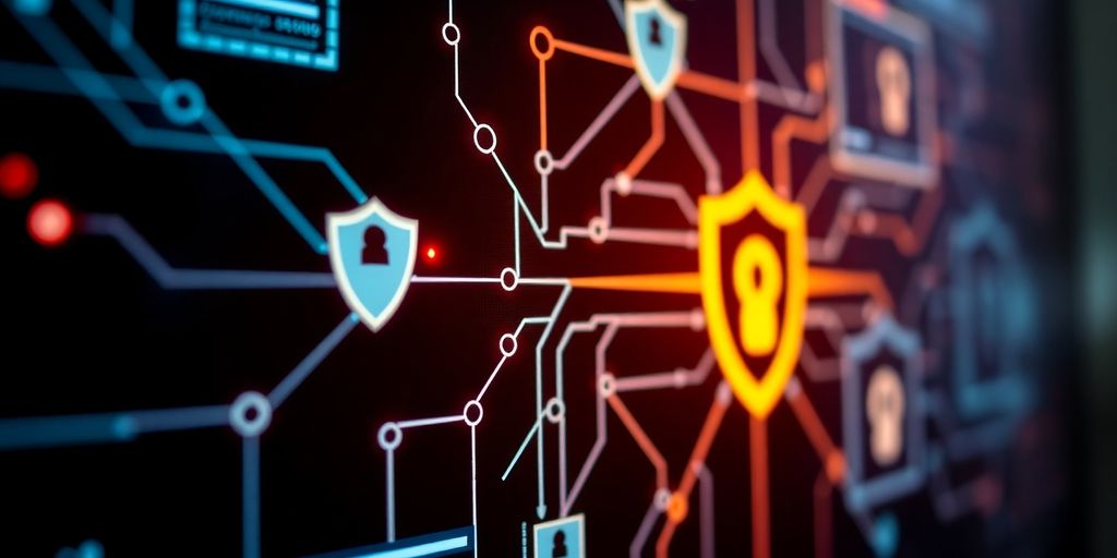 Cybersecurity graphics on a digital screen with network map.