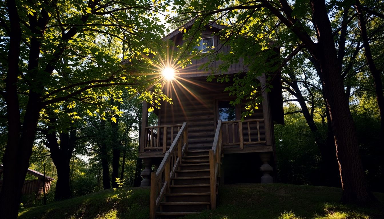 Cabane perchée dans les arbres, forêt ardennaise.