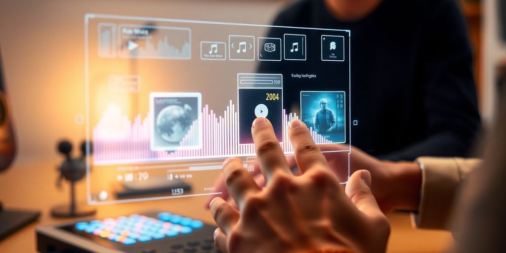 Person curating music playlist on a holographic interface.