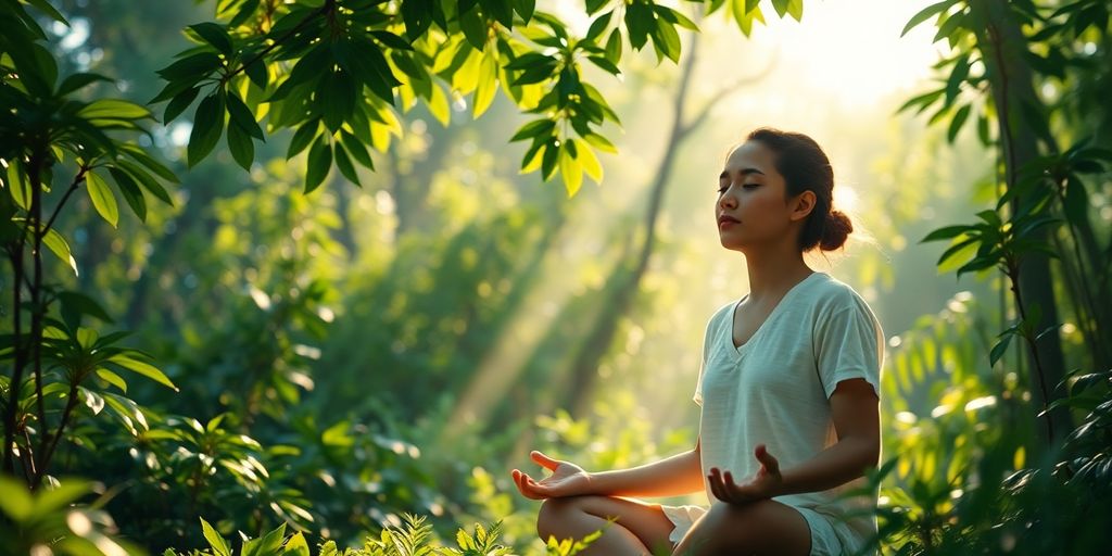Pessoa meditando na natureza, rodeada de verde.