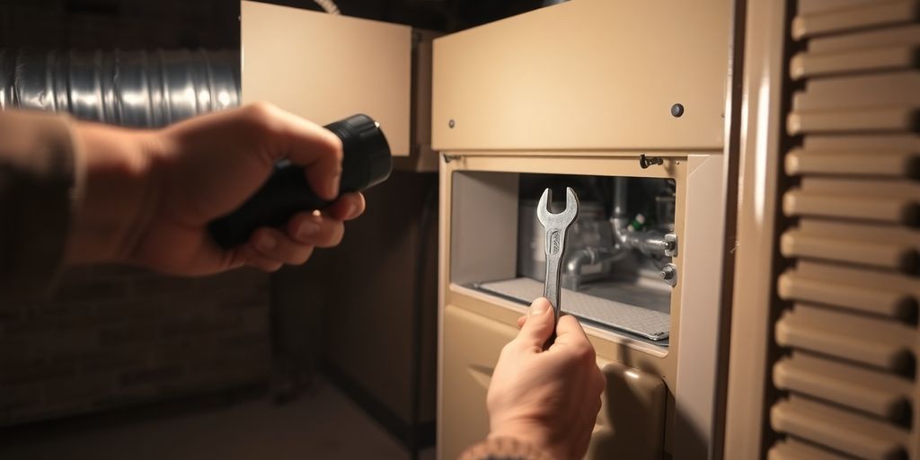 Man inspecting furnace with tools and light.