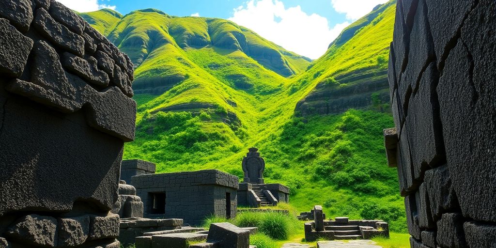 Ancient stone carvings on a lush Marquesan island hillside.