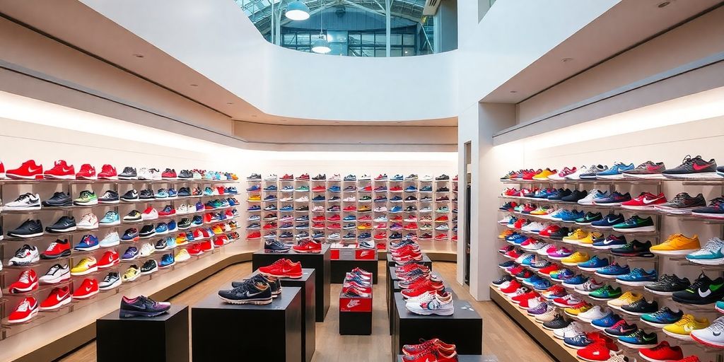 NikeTown Manhattan interior with colorful shoes and displays.