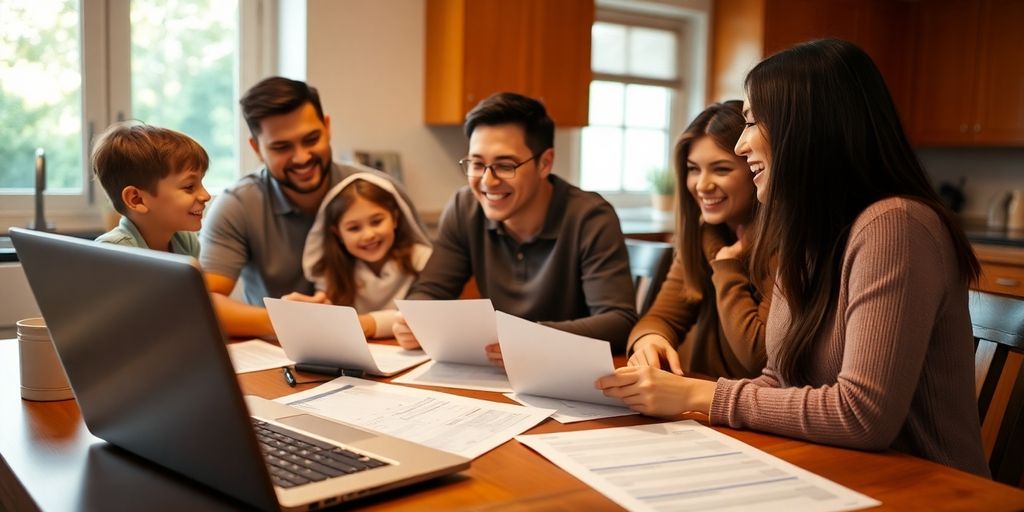 Familie am Tisch mit Bankunterlagen und Laptop.