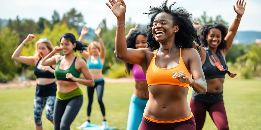 Diverse group exercising outdoors in a fitness class.