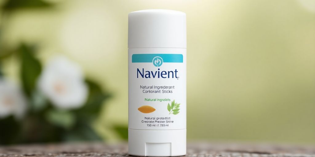 Navient deodorant stick against a blurred natural background.