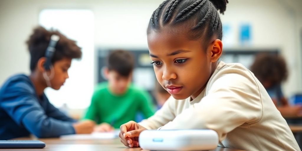 Student using innovative product, bright classroom.